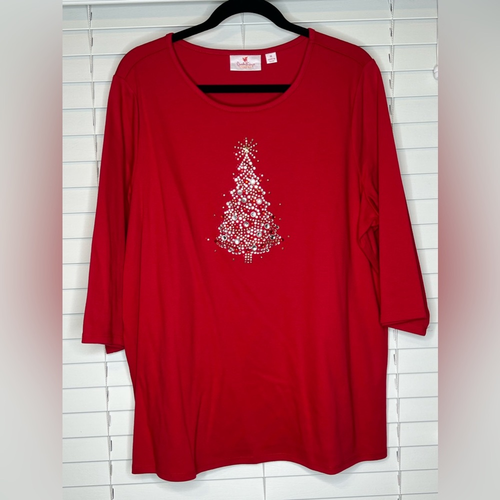 Quacker Factory Chunky Stone Holiday Motif 3/4 sleeve top in red/tree